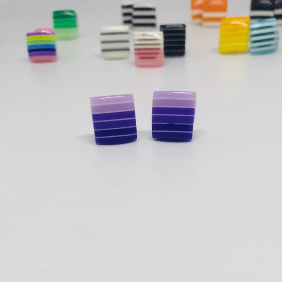 Purple Minimalist Repurposed Vintage Striped Bead Stud Earrings - Picture 4 of 13
